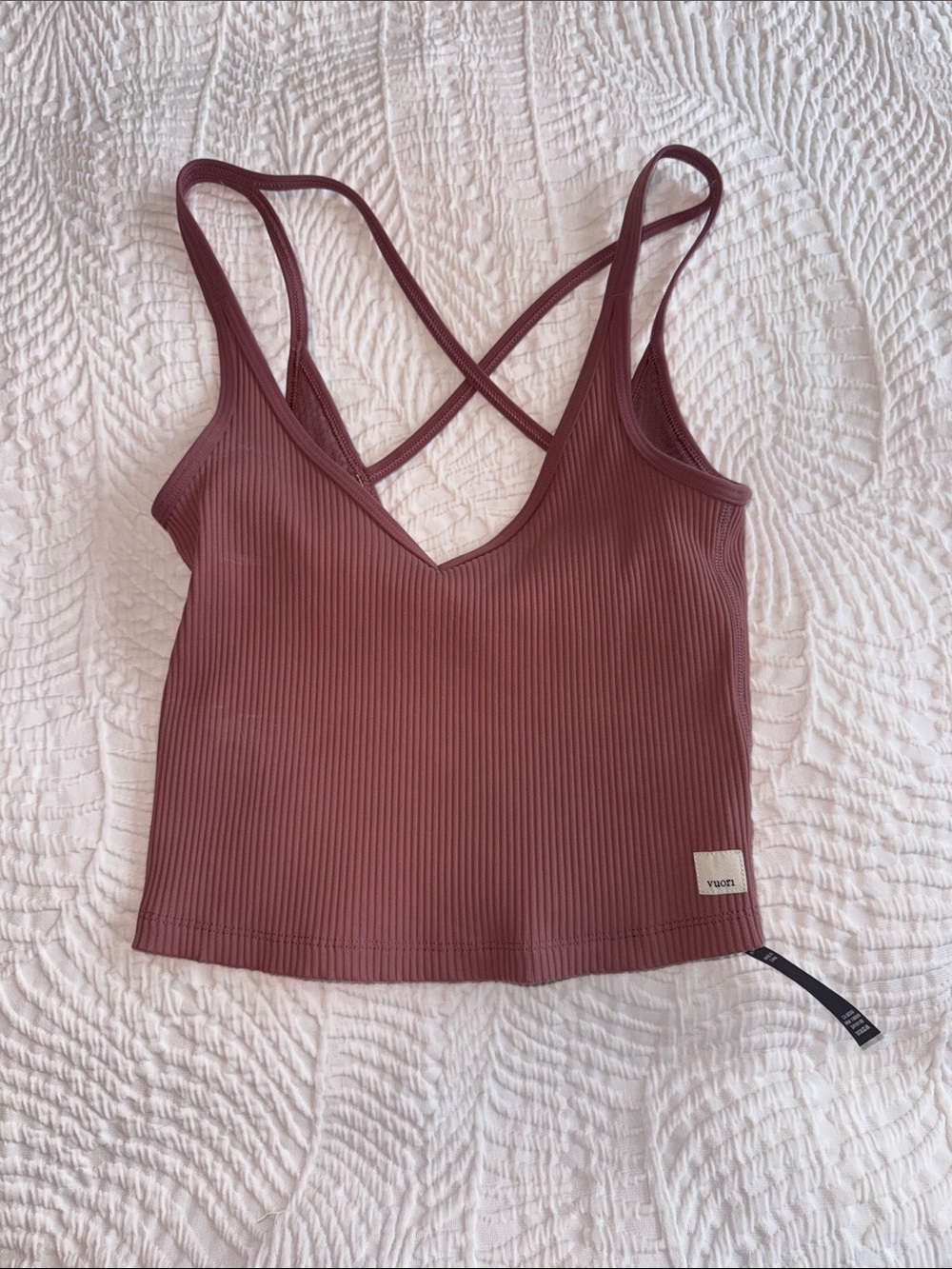 Vuori Ribbed Cross-Back Crop Camisole in Mauve